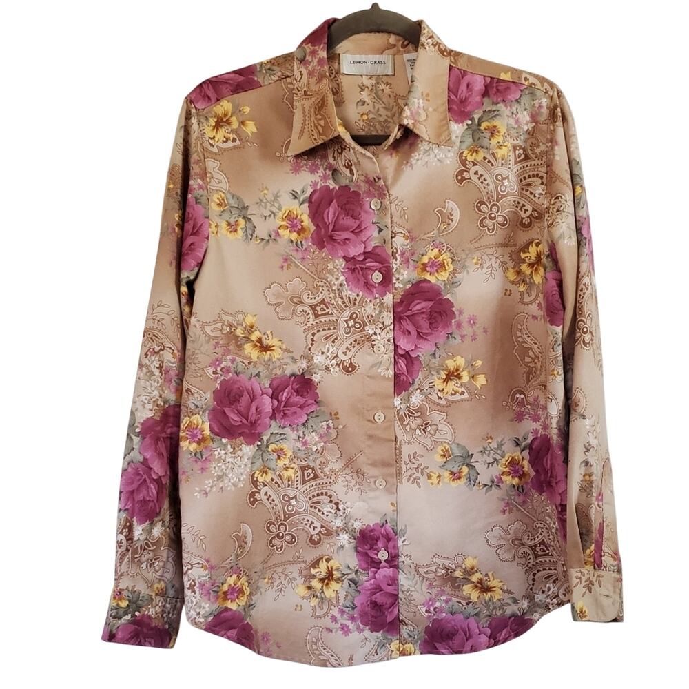 Vintage Lemon Grass Faux Suede Tan Floral Button-down Shirt, Women's Small